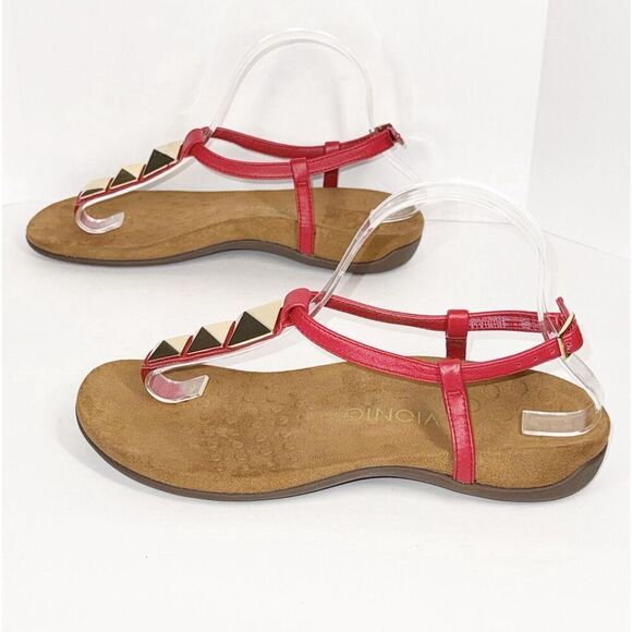 Vionic‎ Sandals 8 Nala Thong Red Leather T Strap Gold Slingback Comfort Flats - Picture 13 of 15